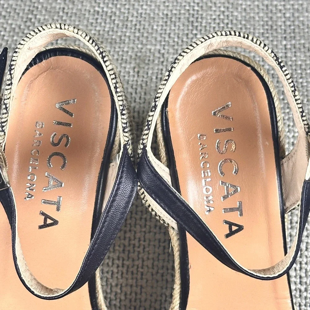 Viscata Barcelona Black Cream Woven Espadrille Platform Wedge Spain 7 US | 38 EU